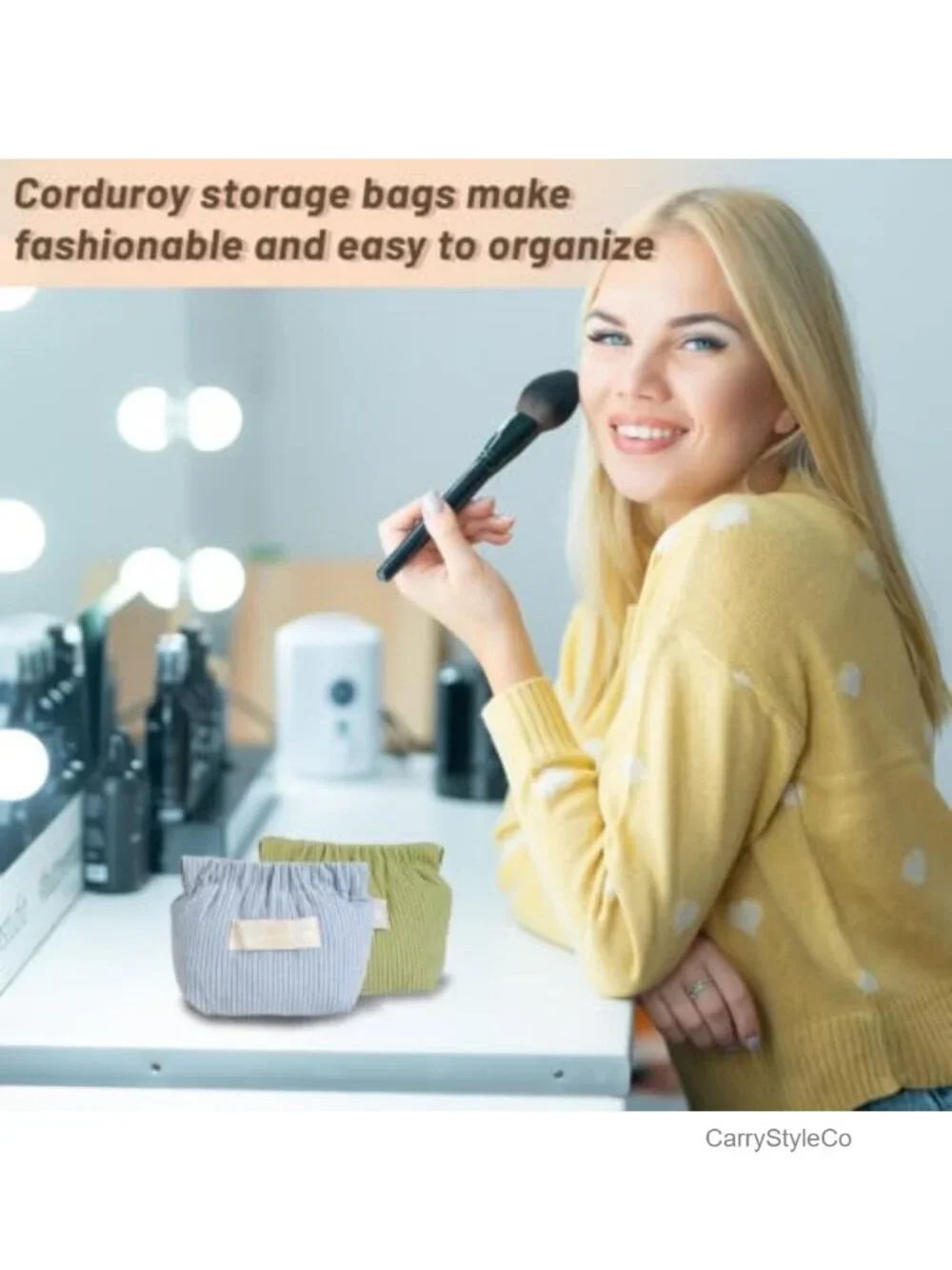 7-Piece Corduroy Makeup Bag Set No-Zipper Squeeze Pouch Organizer with Mirror